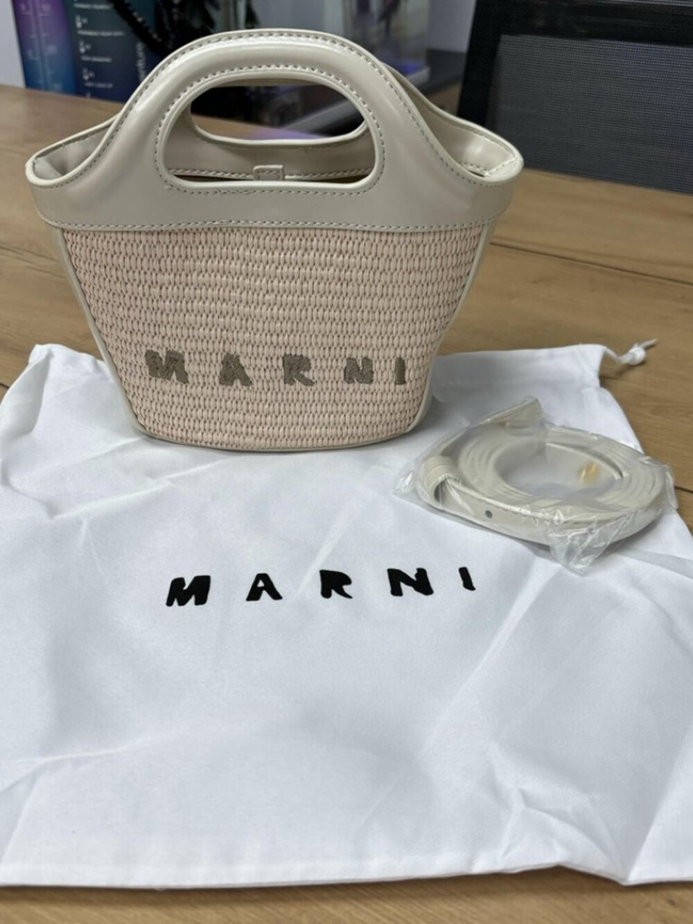 Marni Mini Woven Tote in Cream and Beige